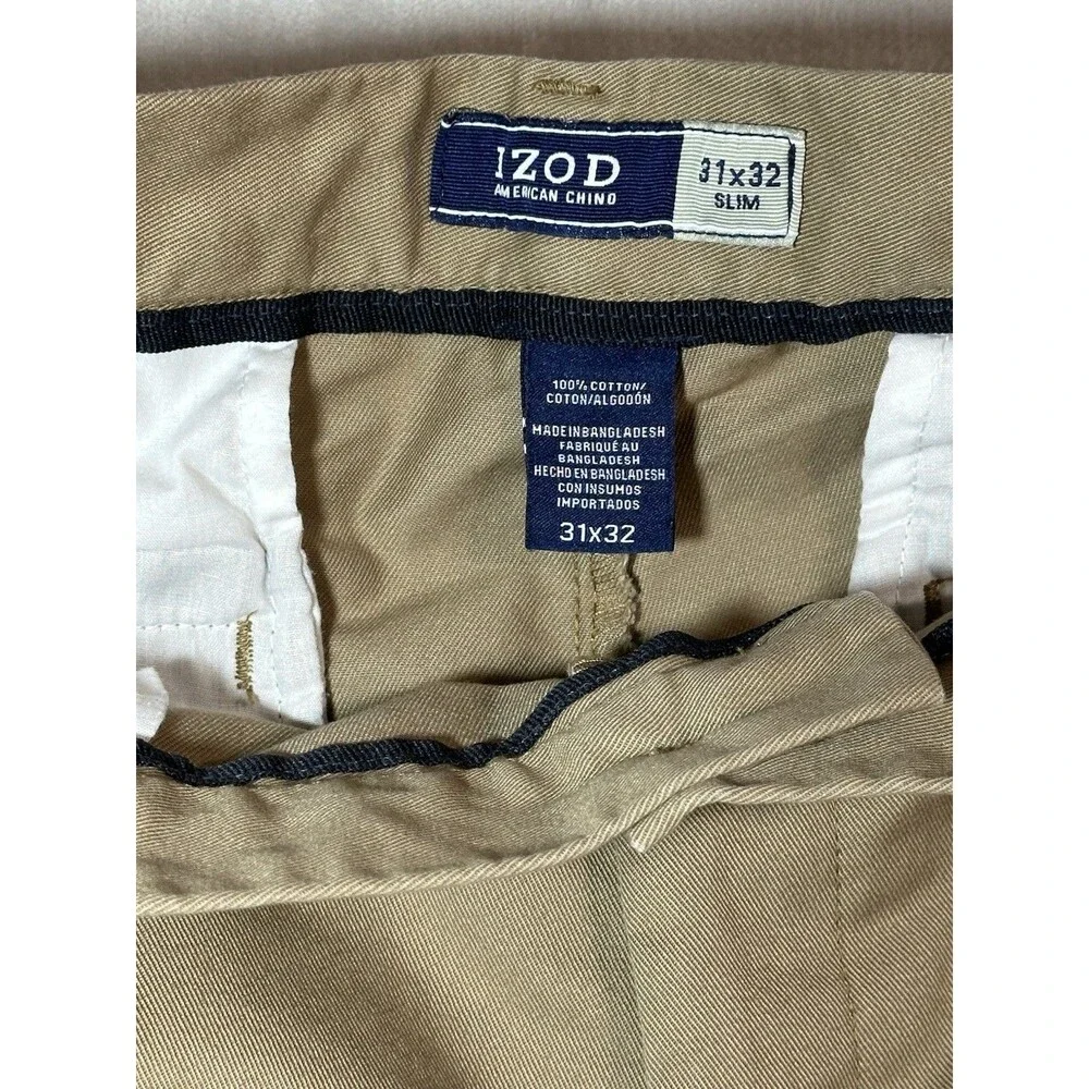IZOD American Chino Mens 31x32 Slim Fit Flat Front Khaki Dress Casual Pants